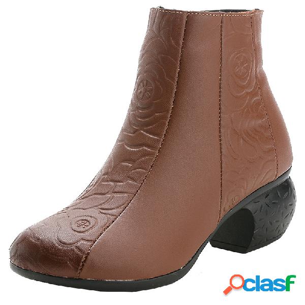 Mulheres retro flores couro zipper botas de tornozelo