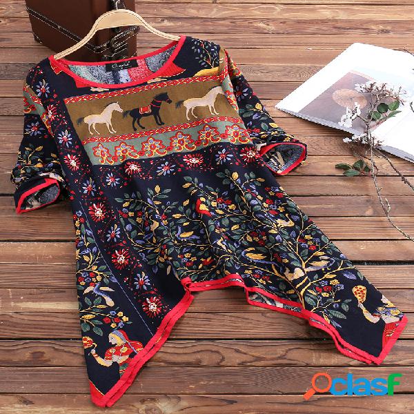 O-NEWE Blusa Estampada Feminina Gola Redonda Borda Irregular