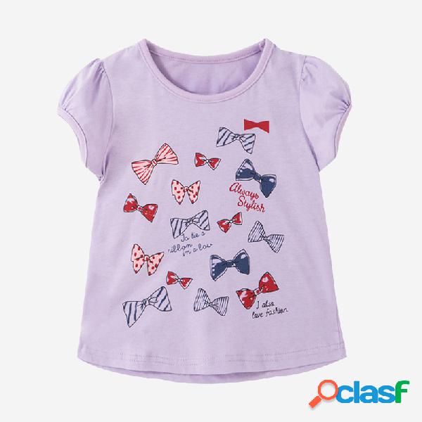 O bowknot da menina imprime mangas curtas tops ocasionais