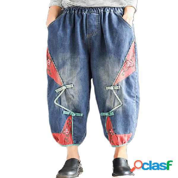 Patch vintage sapo botão bolsos elásticos denim lanterna
