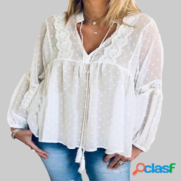Patchwork Casual V-neck Plus Blusa de tamanho