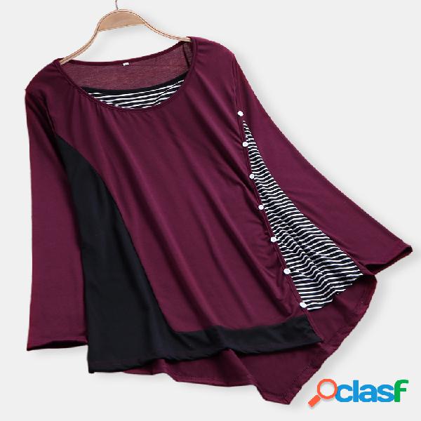 Patchwork Listrado Botão Irregular Hem Long Sleeve Plus