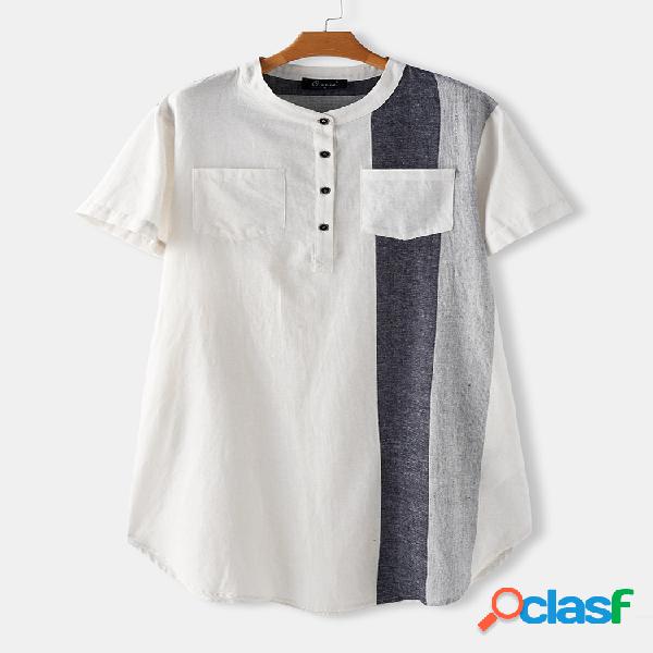 Patchwork casual manga curta Plus tamanho longo Camisa