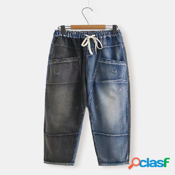 Patchwork cintura alta cintura elástica com cordão denim