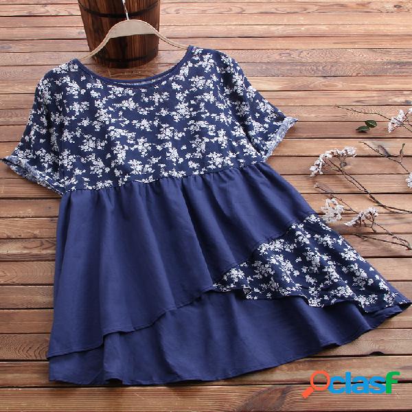 Patchwork floral irregular Plus blusa de impressão de