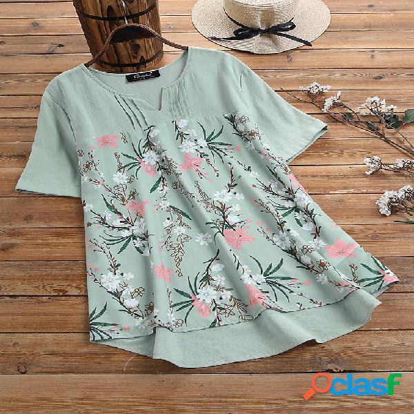 Patchwork floral manga curta Plus blusa vintage tamanho