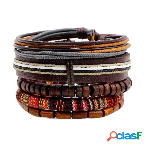 Pulseira Multicamada Casual de Couro Gotas de Madeira