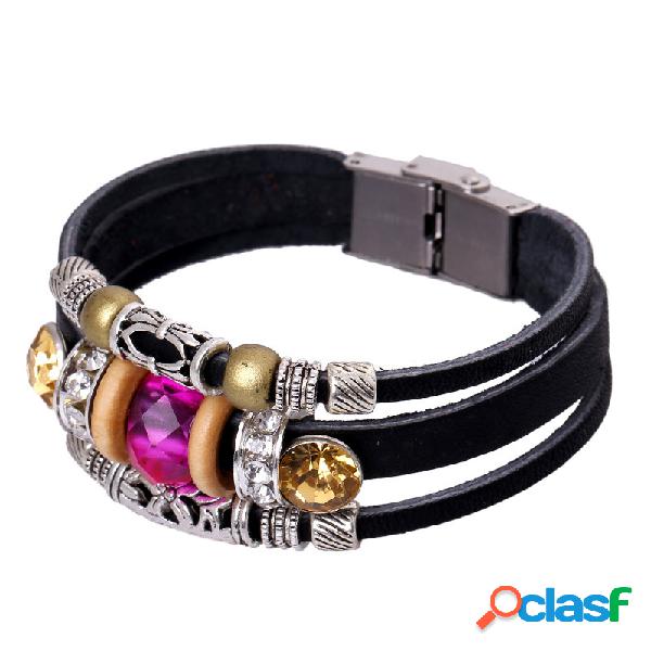 Pulseira Retro Feminina Couro Genuíno com Gotas