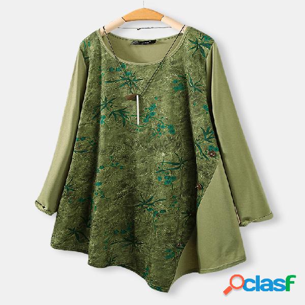 Retalhos de impressão vintage Hem Irregular Plus blusa de