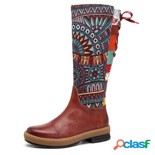 SOCOFY Botas Boêmicas de Couro Modelo Plano Até ao Joelho