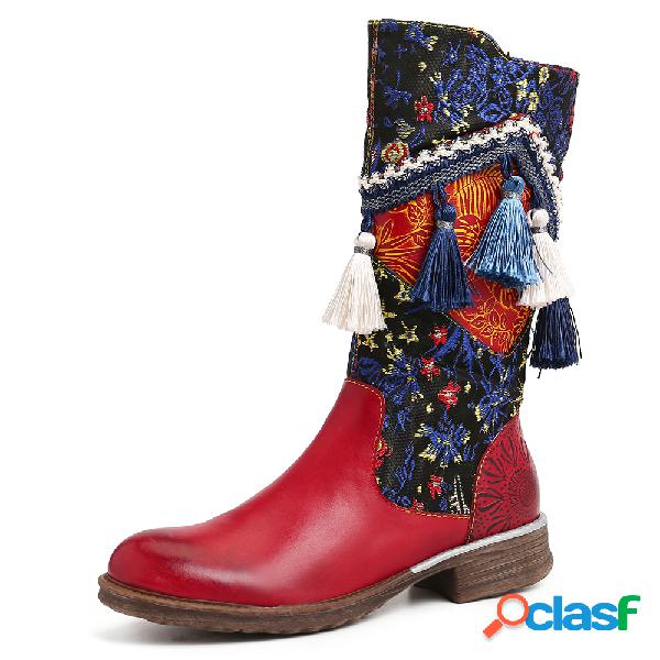 SOCOFY Colorful Tassel Retro Folkways Padrão Couro Genuíno