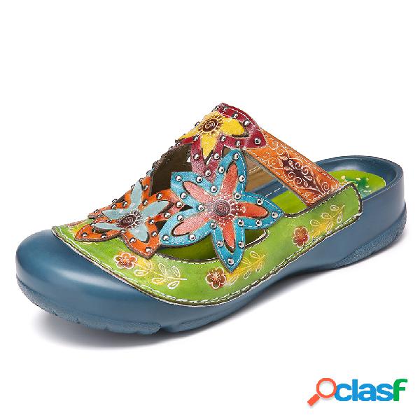 SOCOFY Couro Artesanal Cravejado Floral Slip-on Slides Mulas