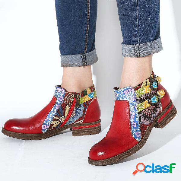 SOCOFY Couro Genuíno Splicing Retro Buckle Zipper Botas