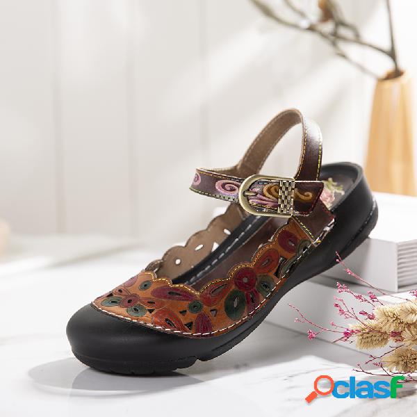 SOCOFY Folkways Recortes florais em couro impressos Cinta de