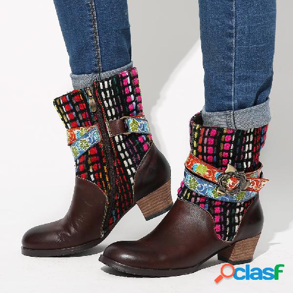 SOCOFY Mulheres Retro Colorful Lã Couro Genuíno Botas