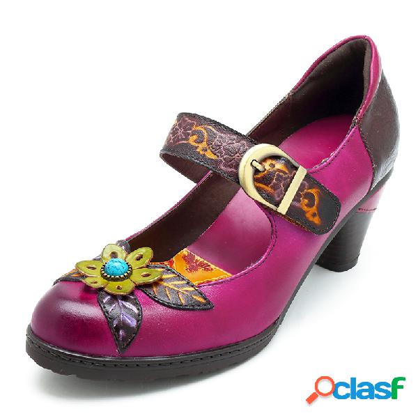 SOCOFY Pumps de Couro Vintage Manual Modelo Floral de Velcro