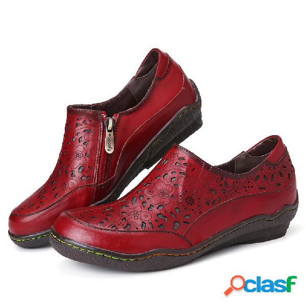 SOCOFY Recortes florais em couro Zipper Slip on Loafers