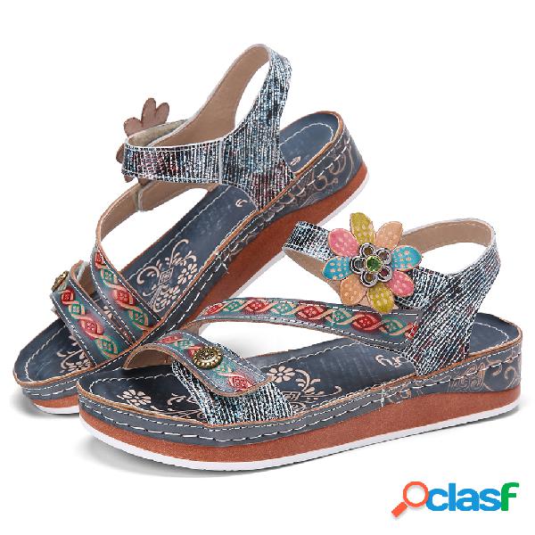 SOCOFY Retro Couro Genuíno Floral Costura Ankle Strap