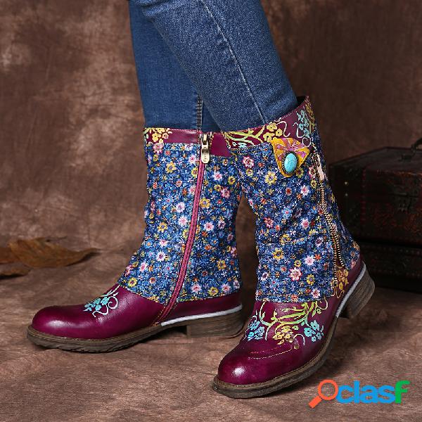 SOCOFY Retro Couro Genuíno Flores pequenas Padrão Botas