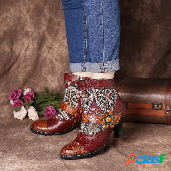 SOCOFY Retro Folkways Padrão Botas de tornozelo de emenda