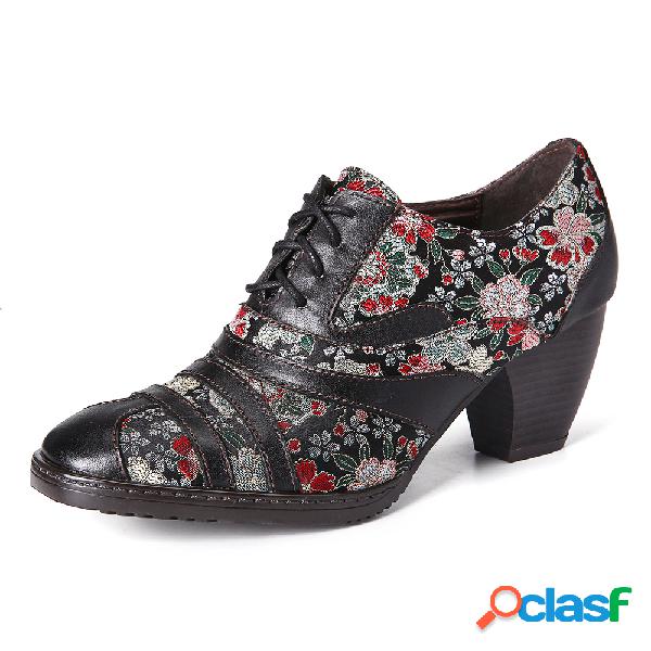 SOCOFY Retro costura bordado flor Couro Genuíno bombas de