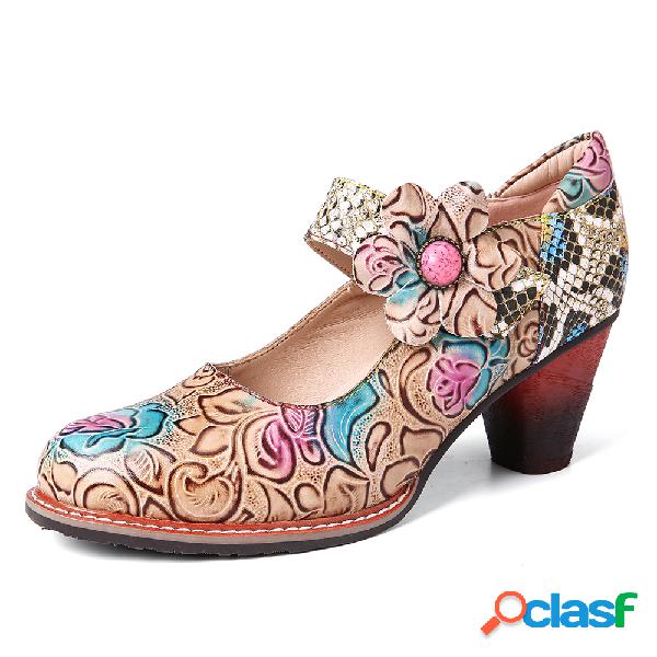 SOCOFY Retro couro floral emenda Snakeskin Toe redondo