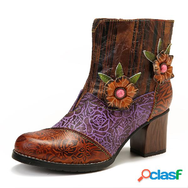 SOCOFY Retro em relevo Couro Genuíno Botas curtas de salto