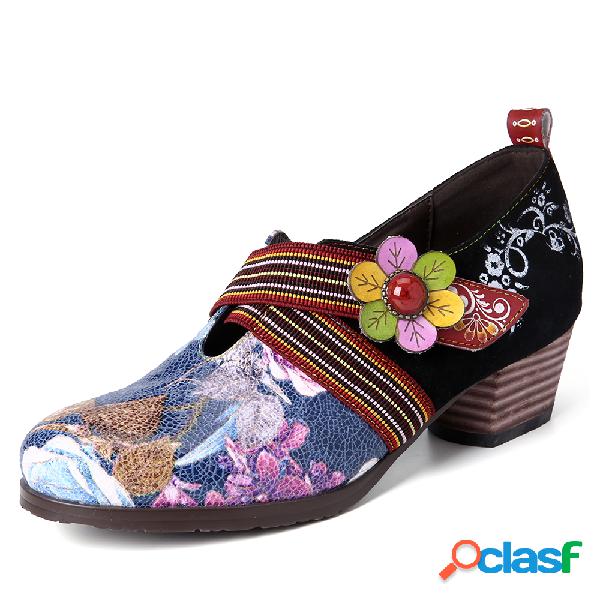 SOCOFY Retro emendado em relevo Floral Couro Genuíno Bombas