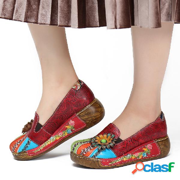 SOCOFY Retro floral em relevo Couro Genuíno Deslizamento