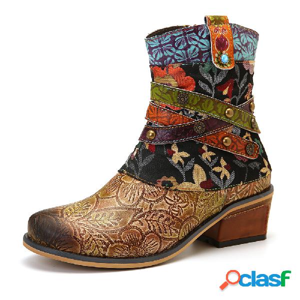 SOCOFY Retro impresso Padrão Couro Genuíno Botas baixas