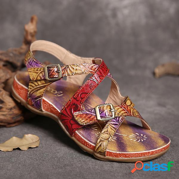 SOCOFY Sandálias de couro artesanais com fivela tingida por