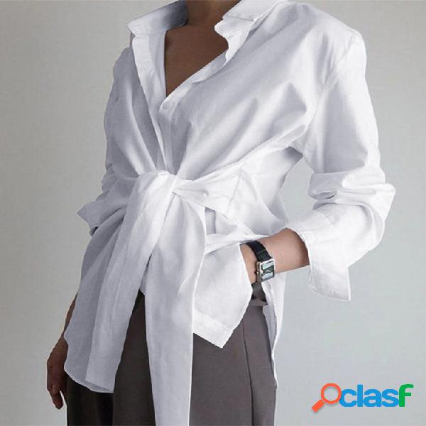 Solid Color Wrap Lapel Manga comprida Camisa para mulheres