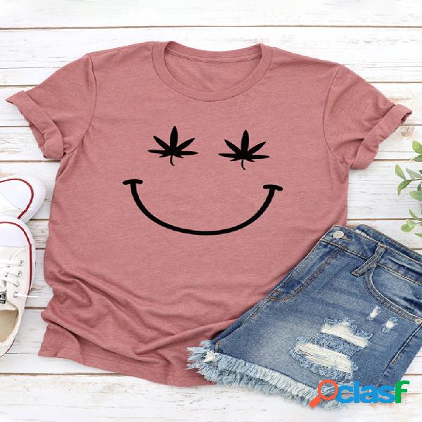 Sorriso impresso manga curta O-pescoço T-shirt para as