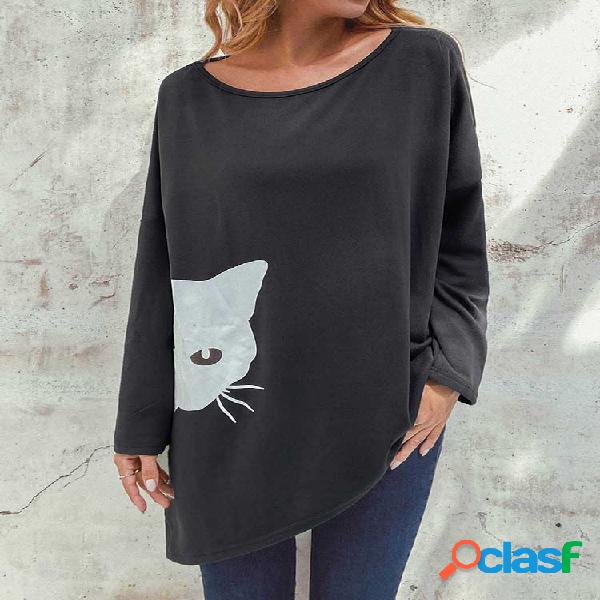 Splited Irregular Cartoon Cat Print Blusa de manga comprida