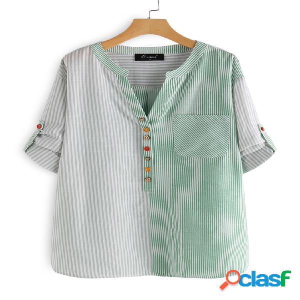 Stripe Patchwork manga comprida com decote em v Plus blusa
