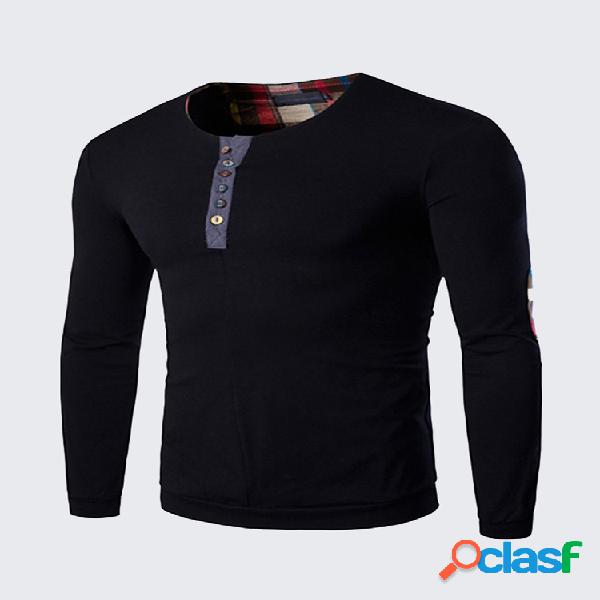 T-shirt Casual de Lã de Retalhos Gola Redonda Manga Longa