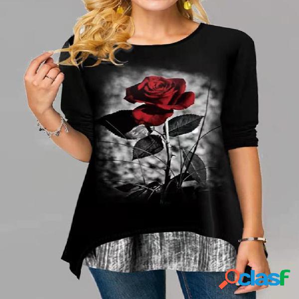 T-shirt casual estampada rosa com manga de cinco pontos com