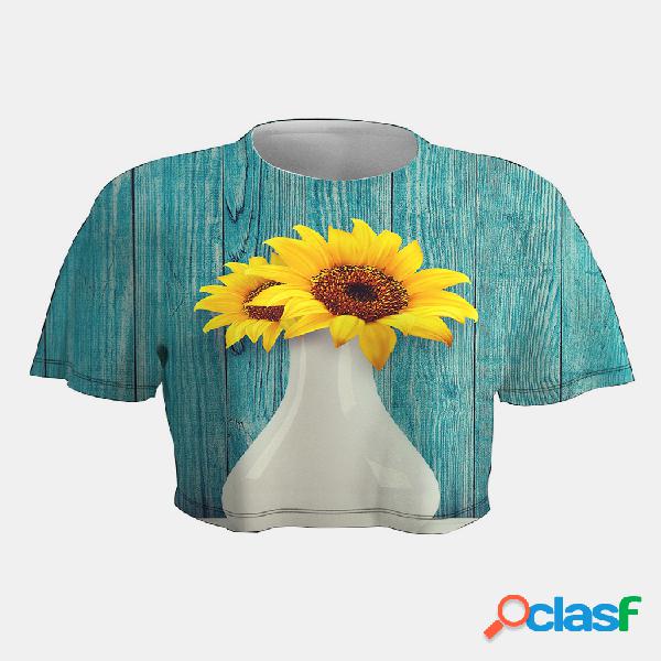 T-shirt curto com gola 3D impressa em girassol