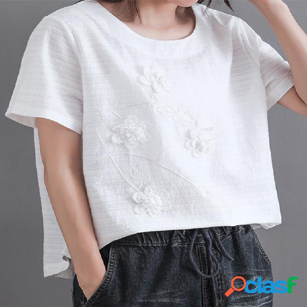T-shirt de manga curta O-pescoço bordado de flores para