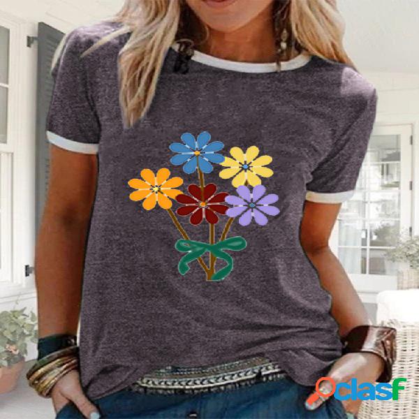 T-shirt estampado floral dos desenhos animados para mulheres