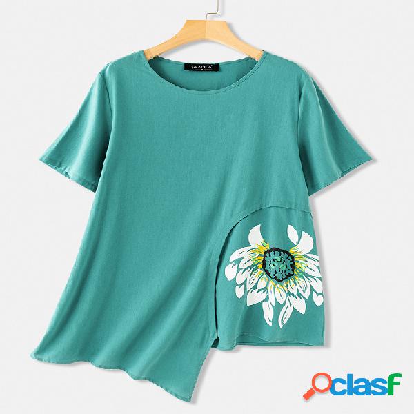 T-shirt floral irregular do O-pescoço da bainha dos