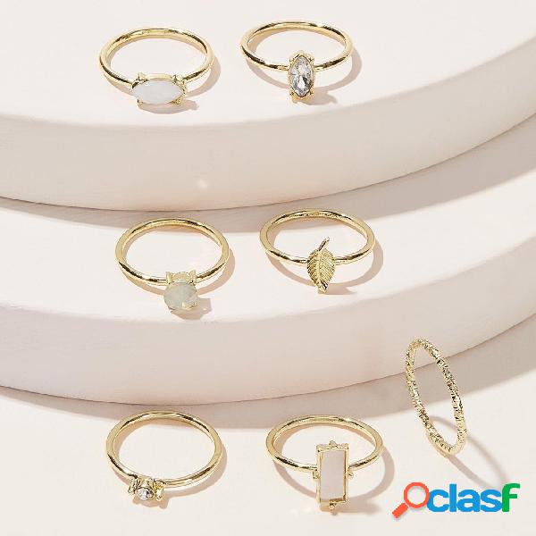 Trendy 7 Pcs Anel Set Metal Strass Anéis Folhas
