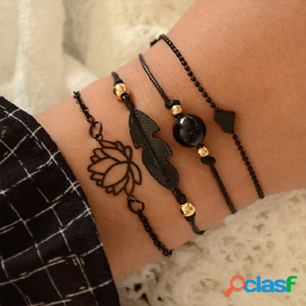 Trendy Geometric Hollow Lotus Pingente Pulseira Kit de