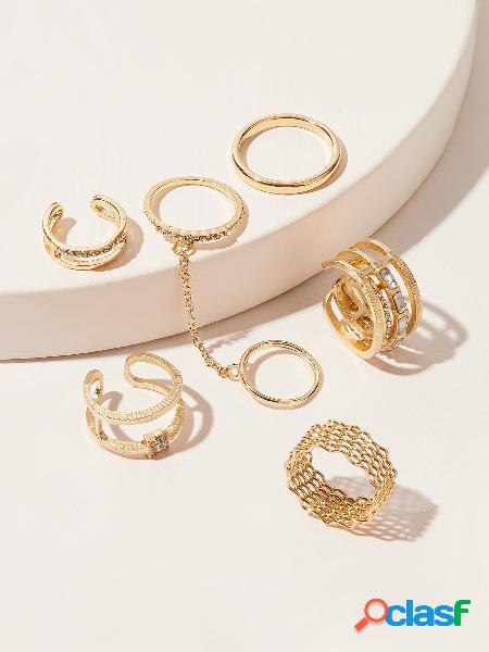 Vintage 7 Pcs Anel Set Metal Oco Anéis Strass Knuckle