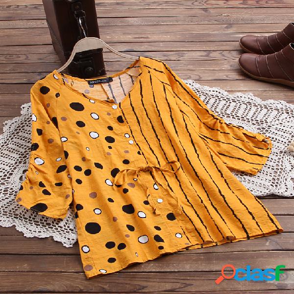 Vintage Bolinhas Tarja Patchwork Elástico Plus Tamanho
