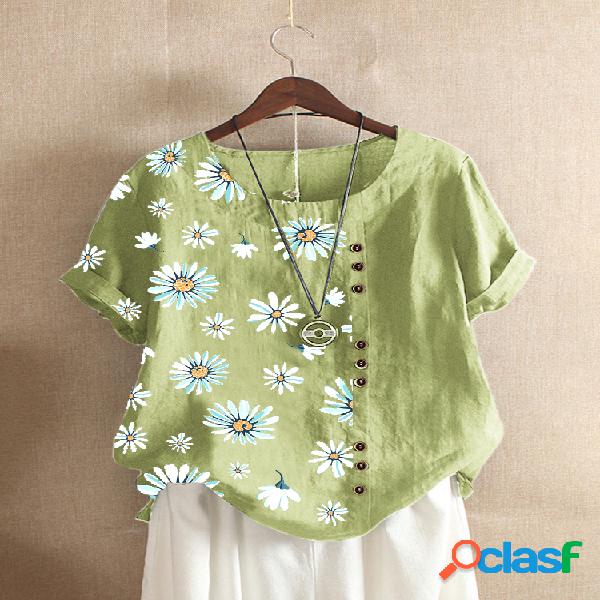 Vintage Daisy Flower Printed Patchwork Camiseta de manga