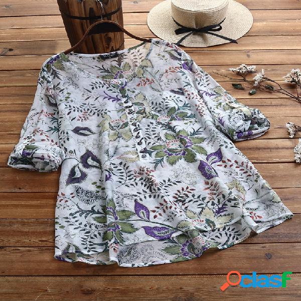 Vintage Floral Impresso Botão O-Neck Blusa Com Bolso