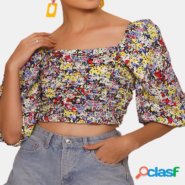 Vintage Floral Imprimir Praça Collar Puff Sleeve Crop Tops