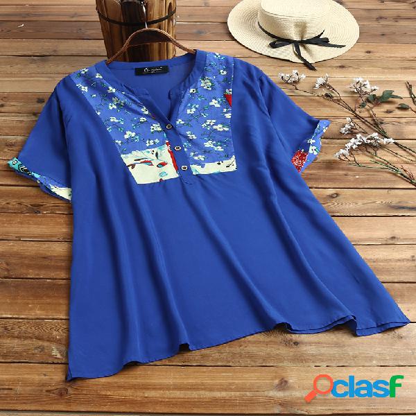 Vintage Print Patchwork Plus Blusa de tamanho