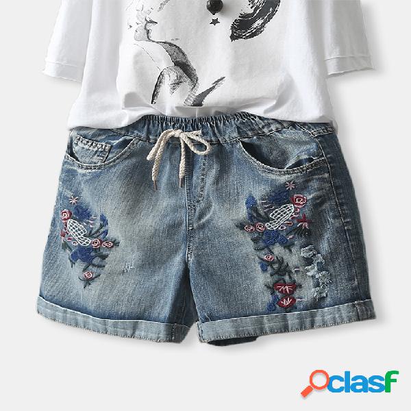 Vintage bordado floral das cordas das mulheres Jeans curto